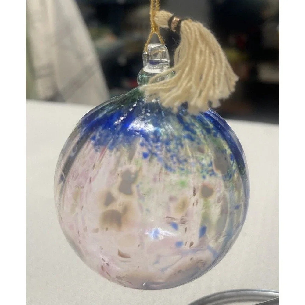 Hand Blown Art Glass Hanging Ball Swirl Patriotic Orb Ornament Sun Catcher NICE!